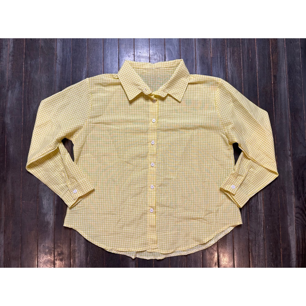 Yellow Gingham 100% Linen Button Down Shirt Long Sleeve Women Classic Top